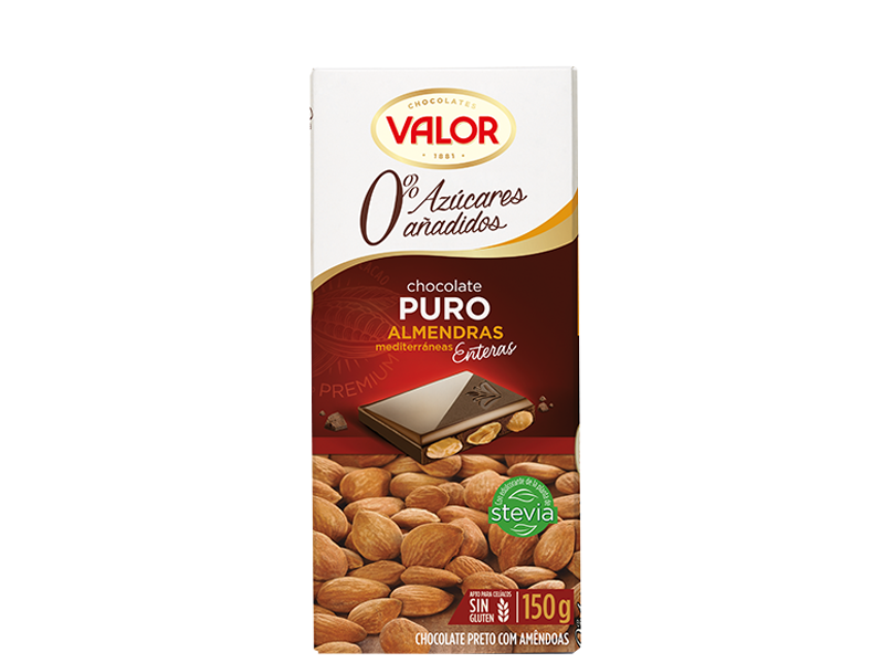 CHOCOLATE VALOR SIN AZUCAR PURO CON ALMENDRAS 150 g.
