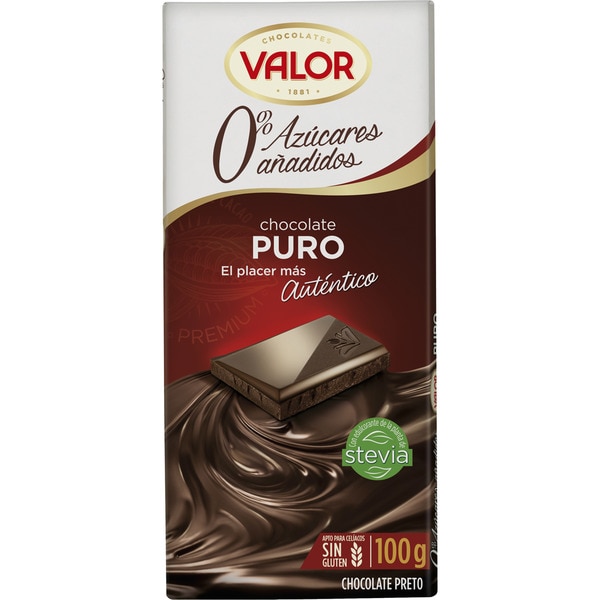 CHOCOLATE VALOR PURO 0% AZUCAR AÑADIDO 100 g.