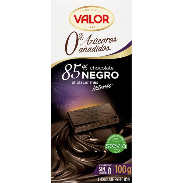 CHOCOLATE VALOR 85% NEGRO INTENSO 0% AZUCARES 100 g.